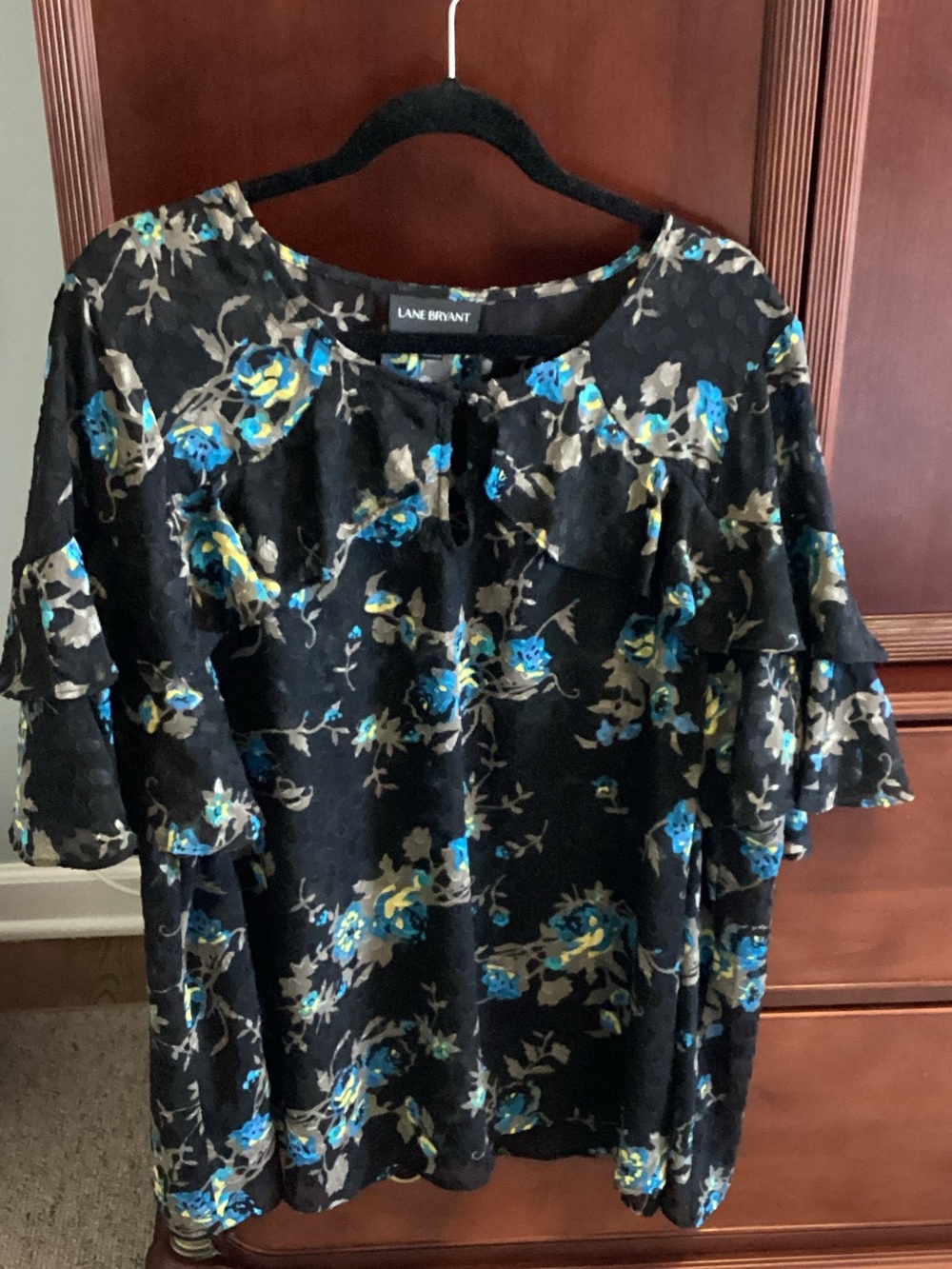 Lane Bryant Black Floral Ruffle Sleeve Blouse